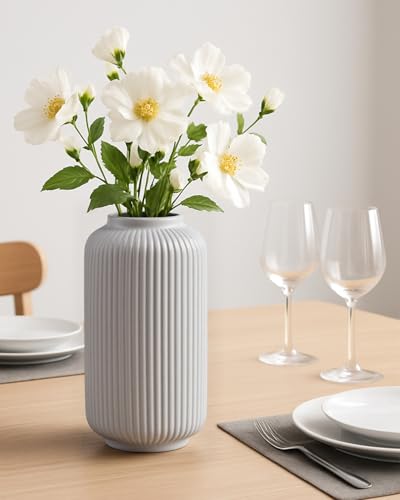 White Ceramic Vase, 8 Inch Modern Flower Vase for Bouquet and Pampas Grass, Matte Frosted Large Opening Decorative Vase for Farmhouse Table, Shelf Decor - color: Matte White02