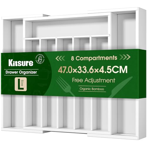 Kitsure Silverware Organizer - Expandable Bamboo Kitchen Drawer Organizer for Cooking Utensils and Cutlery, Sturdy & Thickened Kitchen Organizers and Storage Solution, Large, White - color: White, size: Large
