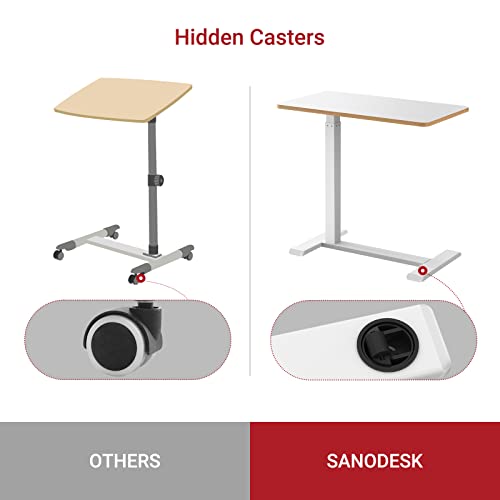 SANODESK Medical Adjustable Overbed Bedside Table with Hidden Casters, Pneumatic Mobile Laptop Computer Standing Desk Cart Overbed Table with Tray, Hospital and Home Use(27.6" W x 15.7" D, White) - color: White, size: Small