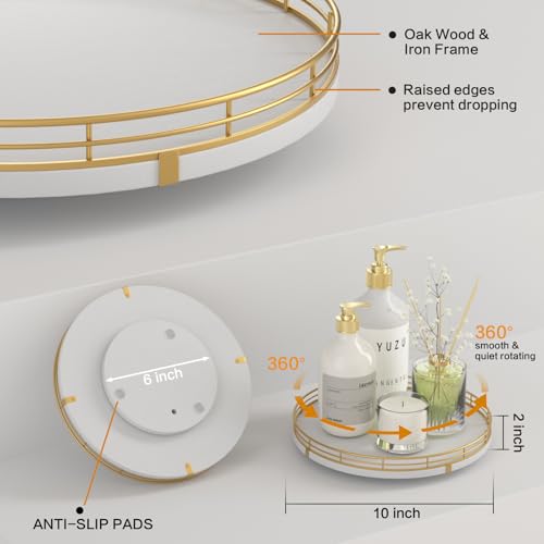 10" Wooden Lazy Susan Turntable for Cabinet – Rotating Spice Rack Organizer, Small Kitchen Countertop Tray for Dining Table & Pantry Storage (White & Gold) - color: White & Gold, size: 10