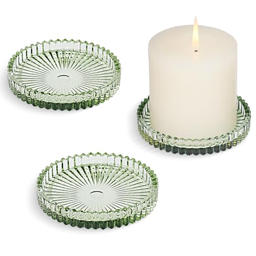 Glass Pillar Candle Holder, 4" Green Candle Plates Set of 3, Glass Candle Holders for Wedding, Party, Holiday, Home Decor, Table Centerpiece - color: Green, size: 3 pcs
