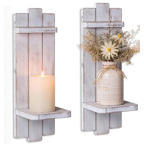 Farmhouse Candle Sconces Wall Decor: Set of Two Rustic Wood Wall Candle Holder - Distressed White Candle Sconces for Bedroom Living Room Bathroom - color: Distressed White, size: 15.7in x 5.1in