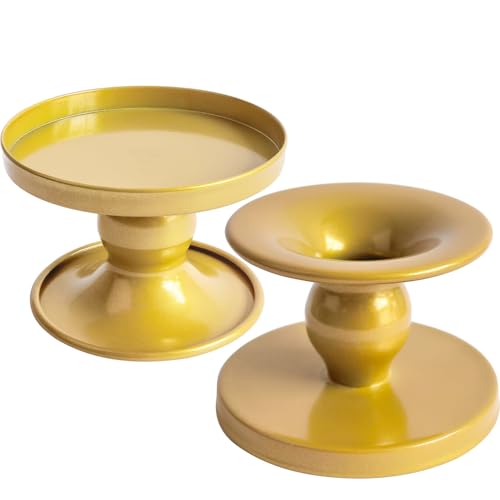 Table Gold Candle Holders – Set of 2 | Reversible Metal Candle Stand for Pillar & Taper Candles | Stylish Tabletop Candle Tray for Home Décor, Weddings & Special Occasions (Gold) - color: Gold