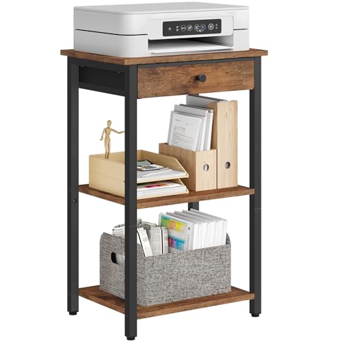 Gewudraw Printer Stand with Storage Drawer, 3-Tier Under Desk Printer Table, End Table for Home Office, Living Room, Bedroom, Brown - color: Rustic Brown, size: 3 layer