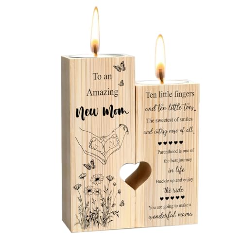 New Mom Gifts – Wooden Candle Holder with Poem – Gift for New Mom After Birth, Postpartum Gifts, Pregnancy Gifts for Expecting Mom, Push Presents, First Time Mom Gift - size: NEW MOM