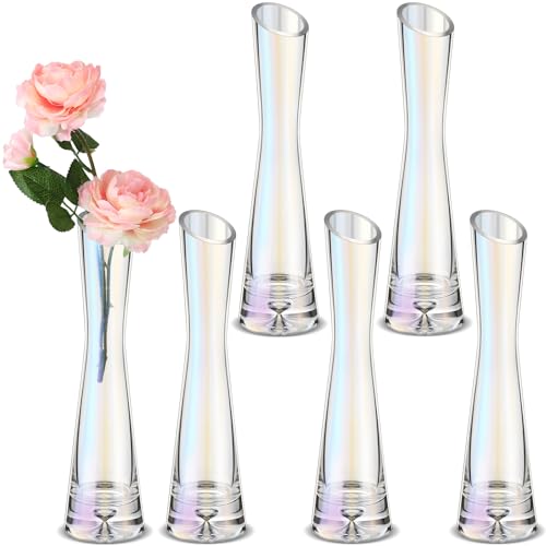 Lallisa 6 Pcs Glass Bud Vases for Centerpieces Maria Modern Clear Small Skinny Decorative Single Flower Bud Vase for Wedding Party Event Home Office Decoration(7.87 Inch,Iridescent) - color: Iridescent, size: 7.87 Inch