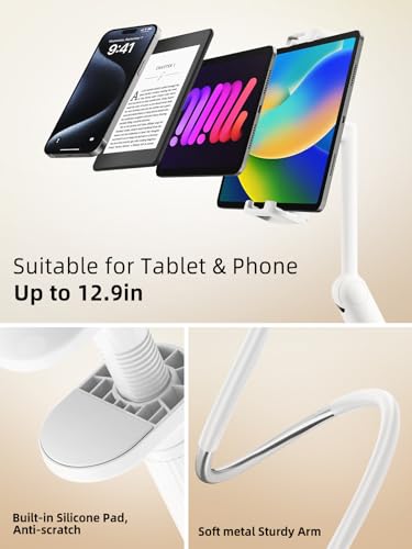 SAIJI Gooseneck Tablet Holder for Bed, One-Hand Adjustable, 47" Length, Upgraded Base, iPad Holder Stand Flexible Lazy Arm, Compatible with iPad/iPhone/Kindle/Switch or Other 4.7-13" Device (White) - color: Light White