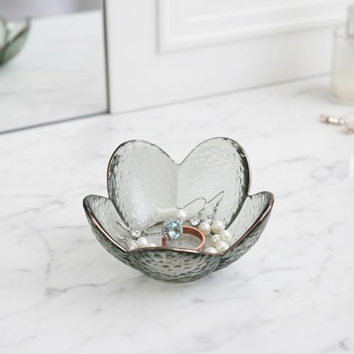Black Flower Ring Dish Jewelry Tray, Small Glass Trinket Tray for Rings Earrings, Present for Wife Mom Daughter Women - color: Black