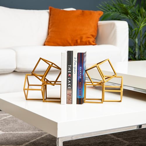 Mind Reader Decorative Geometric Cube Bookends, Modern Book Holders, Office Decor, Metal, Set of 2, Gold