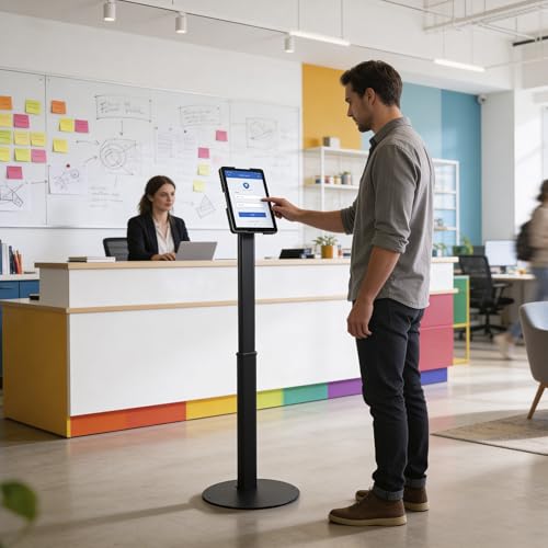 Mount-It! Anti-Theft Universal Tablet Floor Stand Kiosk, Locking Enclosure for iPad, Galaxy Tab & Surface Pro 9.7"–13.1", Height Adjustable 27.5"–47", Commercial Kiosk Stand, Black - color: Black