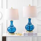 JONATHAN Y 25" Cobalt Blue/Brass Gold and Brass Gold Glass Table Lamp Set of 2 for Bedroom, Modern Bedside Lamp for Living Room Nightstand, White Linen Drum Shade, LED Bulb Included (JYL1068C-SET2) - color: Cobalt Blue