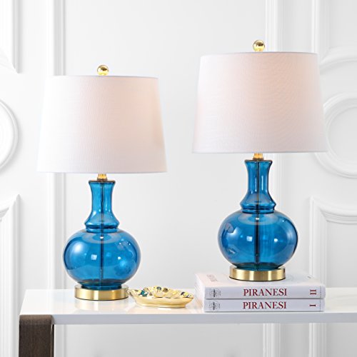 JONATHAN Y 25" Cobalt Blue/Brass Gold and Brass Gold Glass Table Lamp Set of 2 for Bedroom, Modern Bedside Lamp for Living Room Nightstand, White Linen Drum Shade, LED Bulb Included (JYL1068C-SET2) - color: Cobalt Blue