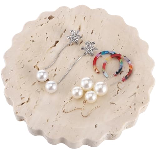 Travertine Jewelry Dish, 5.9 in Small Scallop Edge Stone Tray, Beige Round Marble Pattern Perfume Tray for Women, Decorative Storage Plate for Bathroom, Kitchen, Dresser