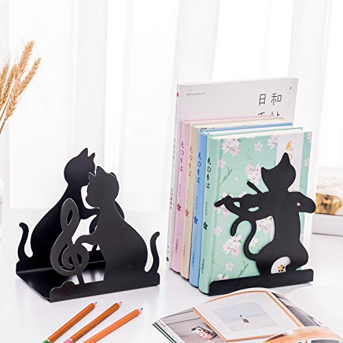 Decorative Art Bookends Cute Cat Playing Music Nonslip Book Ends Supports Books Organizer Heavy Duty Iron Book Stands Stoppers Office School Library Animal Music Note Black Metal Books Holders Racks - color: Violin Cat