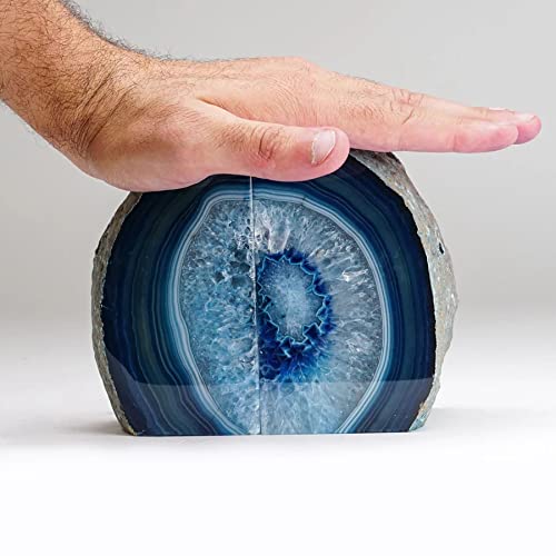 AMOYSTONE Blue Agate Stone Bookends, Decorative Book Holder for Office and Home Shelves, 3-4 LBS Stylish and Functional Bookends,with Rubber Bumpers - color: Blue, size: 3-4 Pounds
