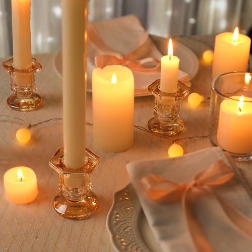 Lanttu Glass Candle Holders Set, 12 Pcs Gold Candlestick Holders Bulk, Taper Candle Holders for Wedding, Festival Table Centerpiece,Home Decoration - color: Amber