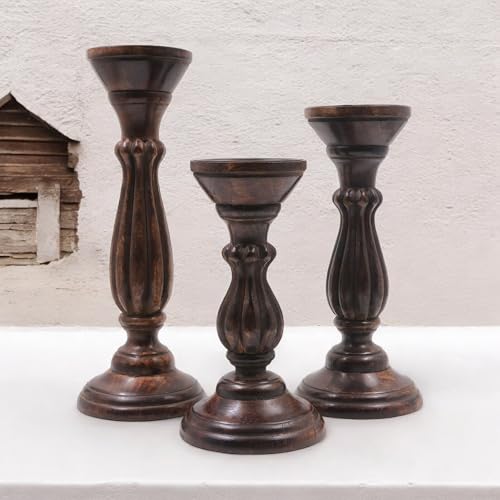 Hosley Set of 3 Dark Brown Wood Pillar Candle Holders 13 Inches 11 Inches and 9 Inches High Ideal for LED and Pillar Candles Gifts for Weddings Party Home Spa Reiki Aromatherapy - color: Dark Brown 1