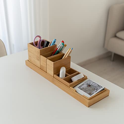 Bamboo Vanity Tray, 6-Piece Bathroom Countertop Vanity Tray Set, Makeup Kitchen Desk Organizer and Storage - Holds Small Items - color: Bamboo