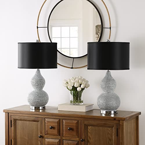SAFAVIEH Lighting Collection Nicole Silver/Black Shade Beaded 25-inch Table Lamp Set of 2 with USB Charging Port (LED Bulbs Included) - color: Silver - with USB