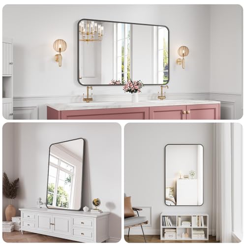 Koonmi Bathroom Mirror, 30X48 Brushed Black Metal Framed Wall-Mounted Mirror for Over Sink, HD Tempered Glass, Anti-Rust, Rounded Rectangle Mirror for Restroom, Bedroom, Hangs Horizontal or Vertical - color: Rounded Edged, size: 48"L x 30"W
