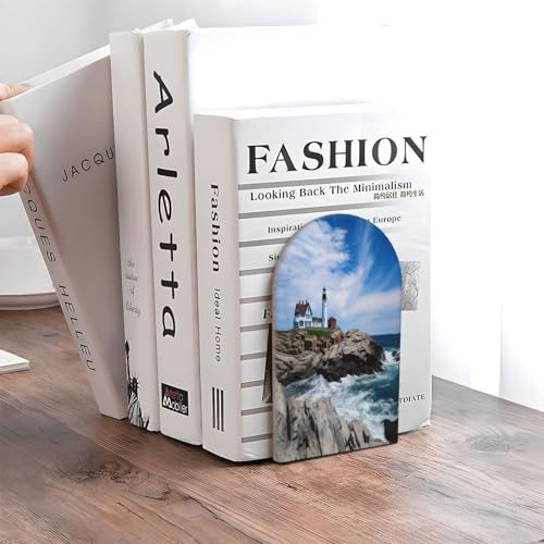 Lighthouse Seaside Sky L-Shaped Book Ends 1 Pair Wood Bookends Book End Supports for Heavy Book Shelf Holder Home Decorative - color: Lighthouse Seaside Sky