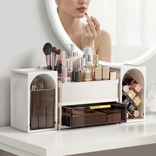 INVSSENE Stackable Makeup Organizer Countertop, Storage Perfume Skincare Cosmetic Lipstick Face Mask Makeup Brush Palettes, Ideal for Vanity Bathroom Counter - color: 3516 White+Coffee