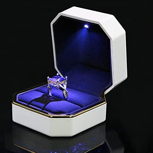 Luxury Ring Box, Square Velvet Wedding Ring Case Jewelry Gift Box with LED Light for Proposal Engagement Wedding, White - color: White, size: Ring Box