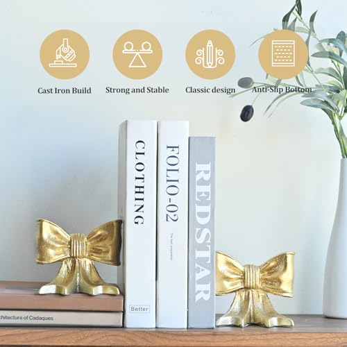 Metal Bookends Set of 2, Heavy Duty Book Ends for Heavy Books, Gold Decorative Bookends for Shelves Desk Office Home Decor - color: Gold