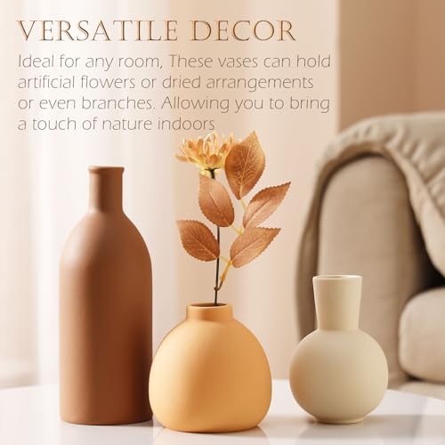 Joeabor Ceramic Vase Set of 3 - Handcrafted Ceramic Vases for Home Decor & Shelf - Modern Farmhouse Decor for Kitchen, Office, Bedroom & Living Room Decorative Objects for Mantel, Table Centerpieces - color: Set a