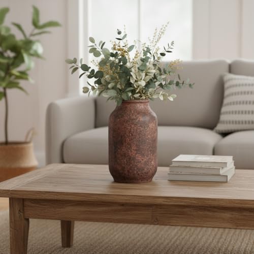 Terracotta Vase, Large Rustic Ceramic Vase, Farmhouse Decor for Living Room, Shelf, Mantle, Entryway, Room Decor, 9 Inch, Brown - color: Rustic Brown