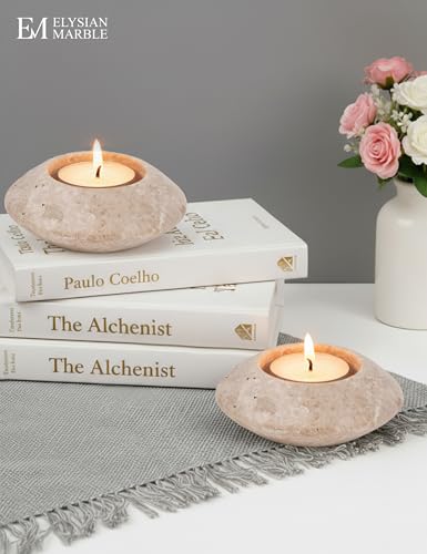 Tealight Candle Holders Set of 2 – Handcrafted Natural Marble Tea Light & Votive Holders, Decorative Stone Candle Holder Pair for Home Décor, Dining Table, Coffee Table & Wedding Decor - color: Travertine, size: 3.5" Inches