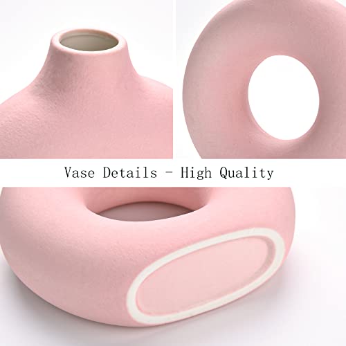 Donut Vase|Circle Hollow Vase|Modern Matte Ceramic Vase for Entryway Living Room Bedroom Dining Table Centerpiece Office Home Decor (Pink-7.5")