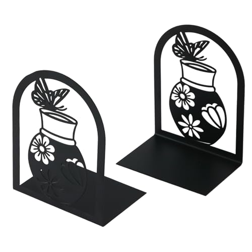 Aertiavty 2 Pcs Bookends for Shelves, Large Heavy-Duty Morden Vase Book Ends, Non-Skid Butterfly Bookends, Decorative Book Holder for Home Office, Metal Black Floral Book Stopper, 1 Pair - style: Butterfly Vase