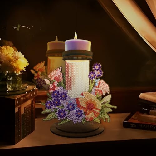 ARTopet DIY Diamond Art Painting Candlestick Holders Wooden Desk Candle Holder Ornament Double Sided Diamond Tabletop Ornaments for Home Decor-Flower Candle - color: Flower Candle