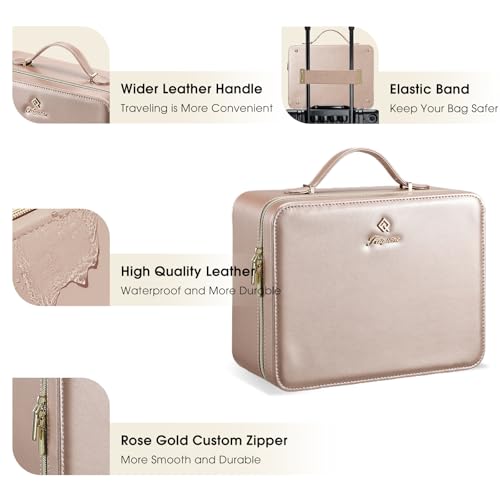 Leather Makeup Case with LED Lighted Mirror 11.4 Inch Travel Makeup Bag Adjustable Brightness in 3 Colors Cosmetic Organizer Artist Storage Bag with Dividers Brush Holder Bag Vanity Champagne Gold - color: WD-Champagne Gold 11.4 Inch, size: 2-Medium