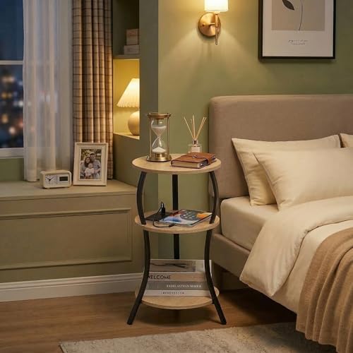 Small Round Side Table with Charging Station, 3-Tier Waist Circular End Table with Storage Shelf, Compact Tea Sofa Side Table Small Spaces, Round Corner Coffee Table for Living Room Bedroon,Oak - color: Oak, style: USB Charger