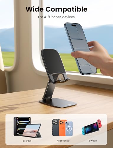 Lamicall Foldable Cell Phone Stand for Desk - [Ultra Thin] Portable Travel Holder, Height Adjustable, Weighted Metal Base, Thick Case Friendly for iPhone 17 16 15 Pro Max, Galaxy S26, Gift Mothers Day - color: A-Black
