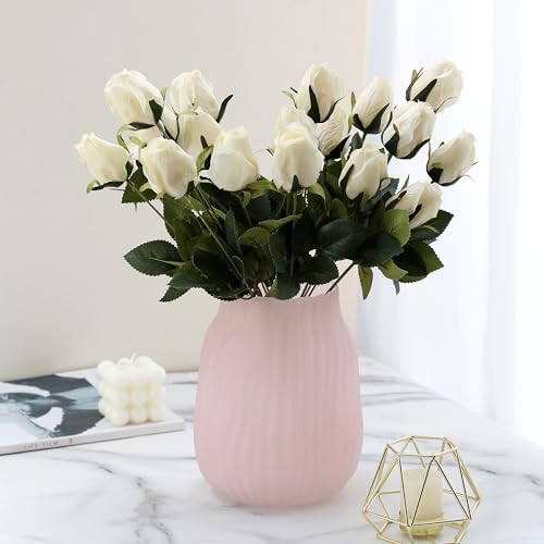Large Ribbed Glass Vase 8in Frosted Pink Elegant Decorative Vases for Home Flowers Arrangements, Centerpieces, and Modern Décor - color: Frosted Pink, size: H-8.0IN