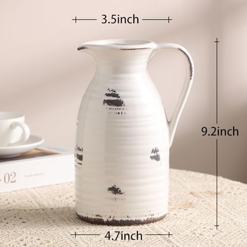 hjn Farmhouse Pitcher Vase for Flowers- Ceramic Pitcher Vase Decrative Pitchers for Your Kitchen/Home Decor/Office/Living Room/Bookshelf/Mantel/-White and Antique - color: White and Qntique Pitcher Vase
