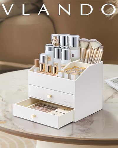 VLANDO Makeup Organizer for Vanity,Large Capacity Countertop Organizer with Drawers, PU Leather Cosmetic Display Case for Lipstick,Brushes,Skincare,Nail polish and Bedroom Storage (White) - color: 3 layers-White