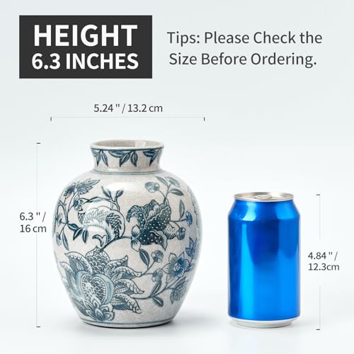 SIDUCAL Ceramic Chinoiserie Floral Vase | 6.3 Inch Blue and White Vintage | Retro Ice Cracked Blue and White Porcelain Vase for Table, Living Room, Bathroom Decoration, Shelf Decor, Mantel - color: 18443-blue and White