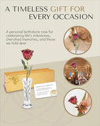 Forever Rose Hand-Dipped in 24K Gold, Ruby Red-Inspired July Birthstone with Sparkles, Real Rose in Luxury Gold Gift Box & Clear Glass Bud Vase –Perfect Ready to Gift for July Birthday or Any Occasion - color: July Ruby