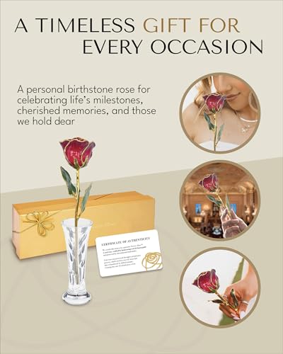 Forever Rose Hand-Dipped in 24K Gold, Ruby Red-Inspired July Birthstone with Sparkles, Real Rose in Luxury Gold Gift Box & Clear Glass Bud Vase –Perfect Ready to Gift for July Birthday or Any Occasion - color: July Ruby