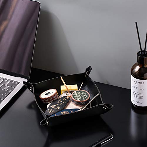 SANQIANWAN Leather Jewelry Valet Tray for Women and Man, Portable Entryway Table Tray Bedside Nightstand Desk Tray Small Catchall Travel Dish Plate for Key,Wallet,Watch,Coin (2PCs Black-B) - color: 2pcs Black-b, size: 8×8