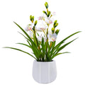 Artificial Orchid Flowers Fake Cymbidium Plant in Pot, 19" Tall Faux Orchids for Home Decor Indoor, Lifelike Silk Flowers for Centerpieces Office Arrangement-White