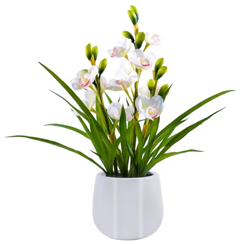 Artificial Orchid Flowers Fake Cymbidium Plant in Pot, 19" Tall Faux Orchids for Home Decor Indoor, Lifelike Silk Flowers for Centerpieces Office Arrangement-White