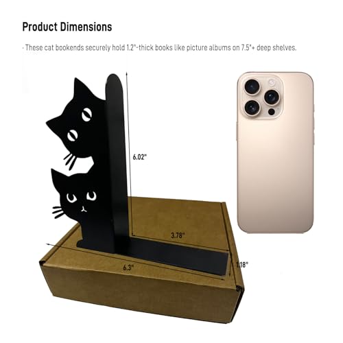 Cute Cat Bookends - Novelty Decorative Shelf Organizer, Textured Metal Finish, Non-Slip, 7.5x6.3 Inch, Rounded Corners for Kids' Picture Books & Office Desks (Black)
