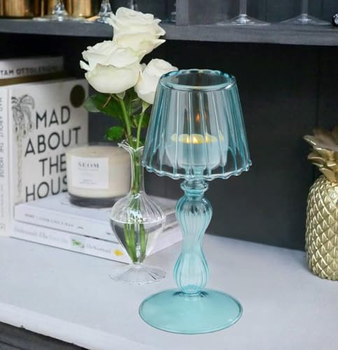 Gurfuy Desk Lamp Shaped Glass Candle Holder - Glass Hurricane Candleholder Crystal Decorative Candle Stand for Table Wedding Dinning Centerpieces Party Supplies Festival Decor Blue - color: Blue