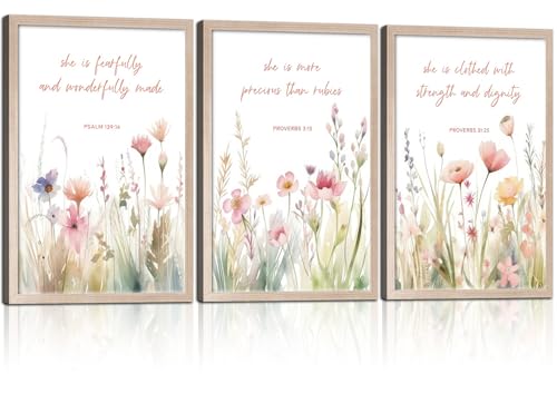 3Pcs Christian Floral Scripture Canvas Wall Art, Wildflower Bible Verse Posters Wall Decor, Psalm Religious Faith Art Pictures Prints for Living Room Bedroom Decorations 12x16in Framed - color: Wildflower Flower Bible Verses-2, size: 12"x16"
