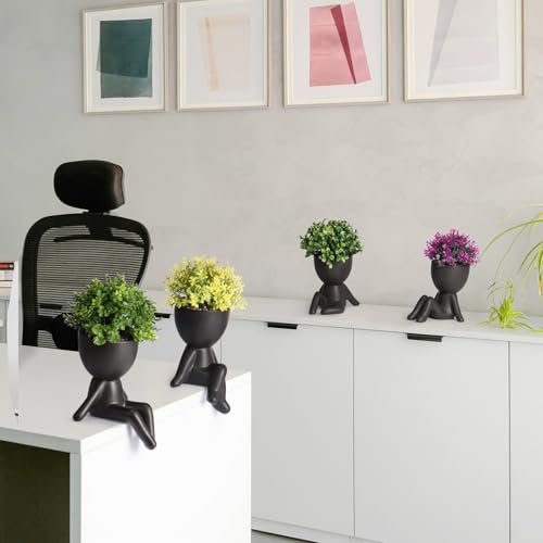 Zerzsy 4 Pack Cute Small Fake Plants with Creative Human Shaped Pots, Fake Plants Artificial Greenery Potted for Home Decor Indoor Shelf Desk Tabletop (Black) - color: Black-4pcs